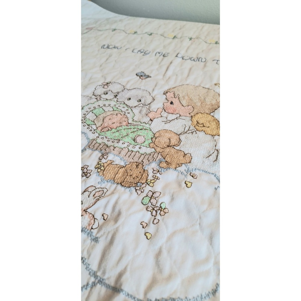 Vintage 1997 Handmade Baby Quilt 33x40 Cross Stitch Now I Lay Me Down Prayer EUC